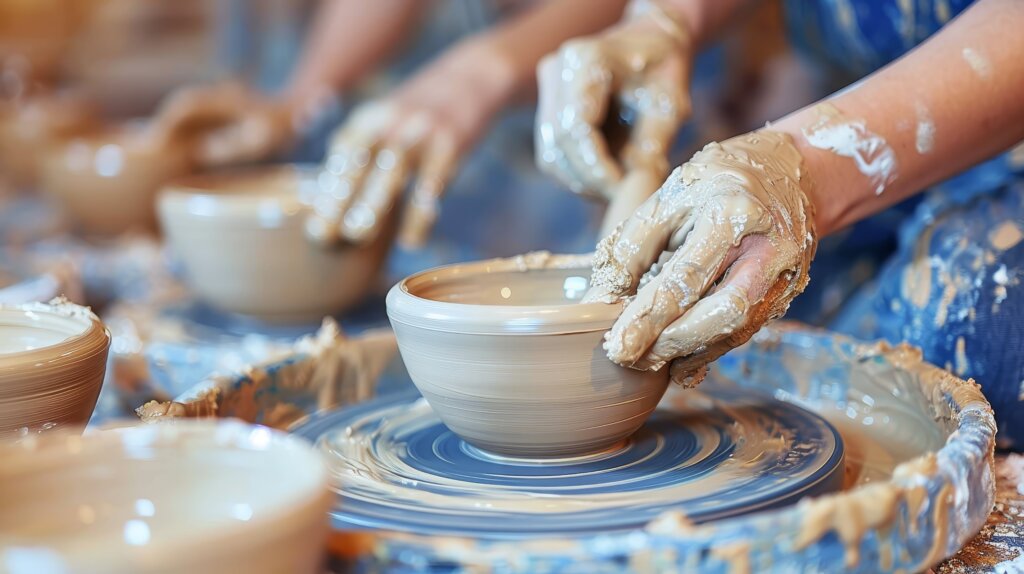 Students collaborate in pottery class to shape and glaze creations on spinning wheels