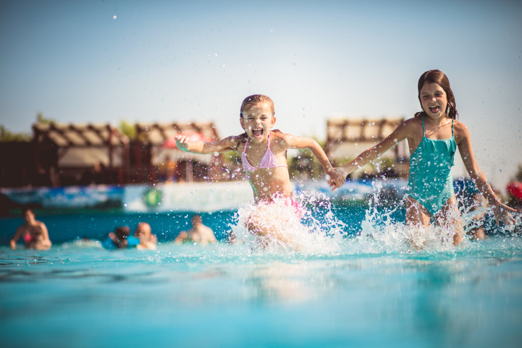 Now pool adventure is waiting for us. Children in the pool.