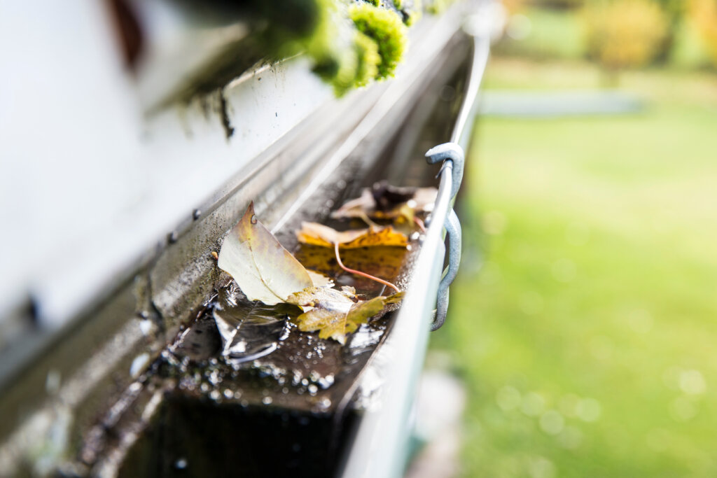 Rainwater gutter cleaning concept. Clogged rainwater drainage system on private domestic home house roof outdoors