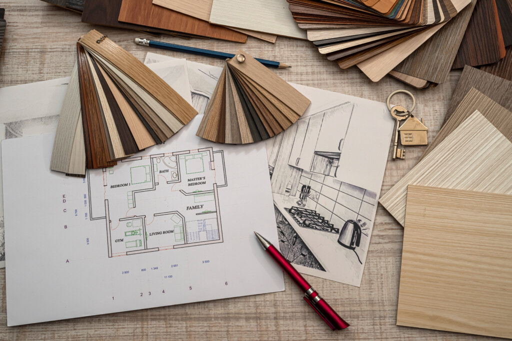 Architect construction engineer plan with color sampler in office desk, business concept