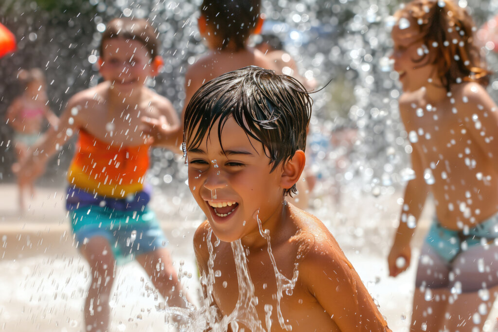 Children playing in splash pad on a hot and sunny summer day. Heat waves during summer, 