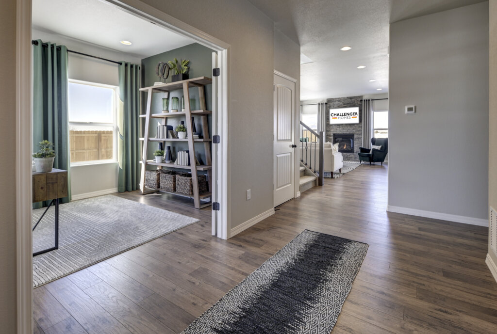 Challenger Homes furnished model home office, hallway and living room