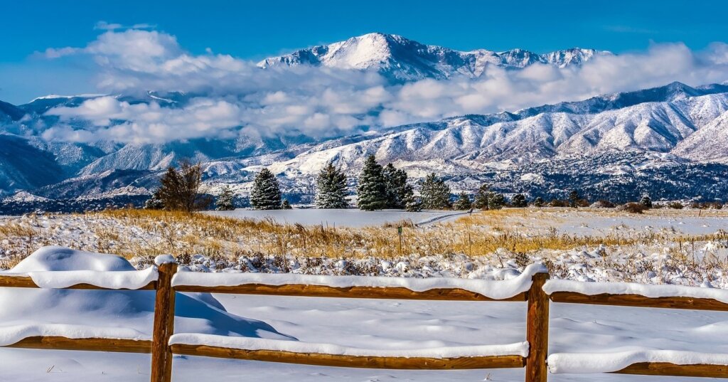 view of pikes peak mountain in winter