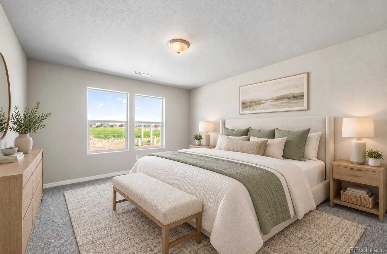 primary bedroom with upholstered bed, two windows, neutral walls, bench at foot of bed, matching wood nightstands and dresser